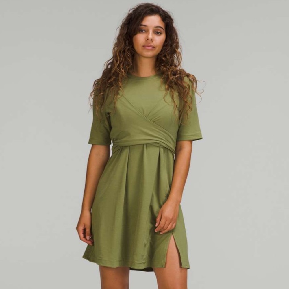NWOT $106 Lululemon Cotton Wrap-Front T-Shirt Dress Bronze Green
